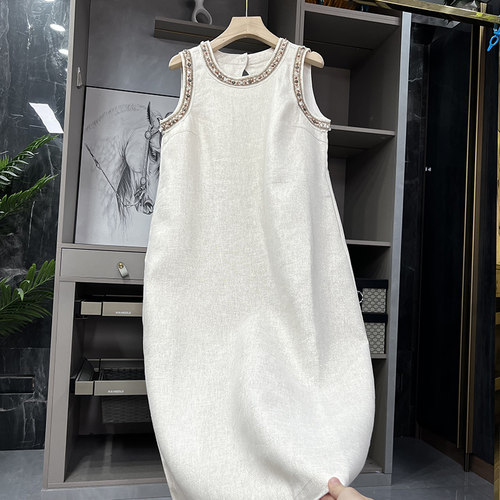 柜款！钉珠金丝亚麻背心连衣裙