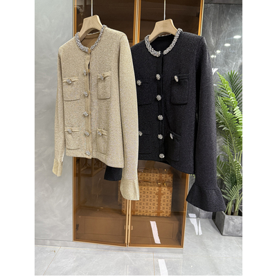 法柜！钉珠银丝圆领针织开衫外套