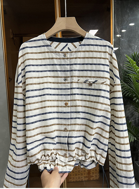 清仓不予退换！！宽松条纹亚麻圆领短外套上衣女    S259019~JS