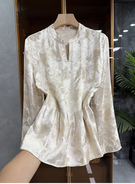 清仓不予退换！式！真丝金丝提花V领长袖上衣女82540~JS