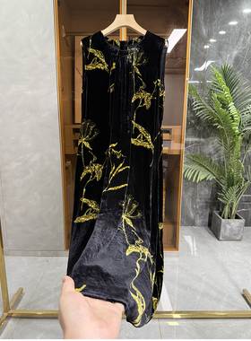 清仓不予退换！0足！金色印花真丝丝绒圆领无袖连衣裙25531~ME