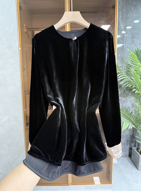 设计师款！新中式！拼接宽松真丝丝绒圆领长袖上衣女 737450~JS