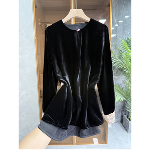 设计师款！新中式！拼接宽松真丝丝绒圆领长袖上衣女 737450~JS