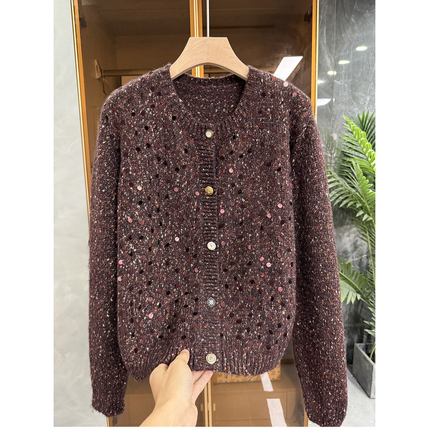 重工亮片花纱羊毛针织开衫外套