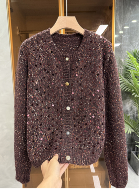 推荐！温暖又气质！重工亮片花纱羊毛针织开衫外套女 1KSXL02~JS