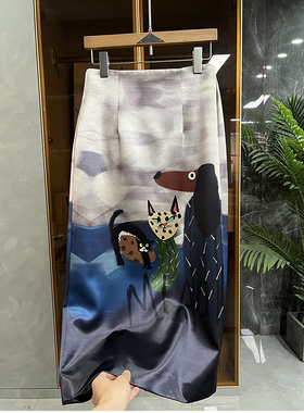 N货！即高ji又气质！油画印花包臀后开叉直筒半身裙女 K723~JS