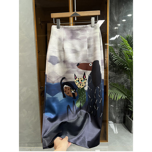 油画印花包臀后开叉直筒半身裙