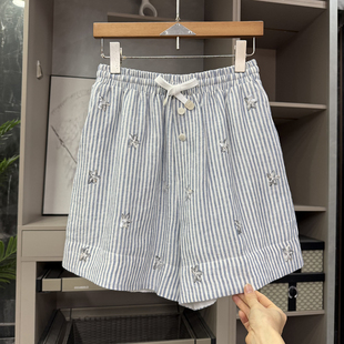 大工厂出!亚麻条纹亮片星星松紧腰休闲阔腿短裤女 H96798~ZY