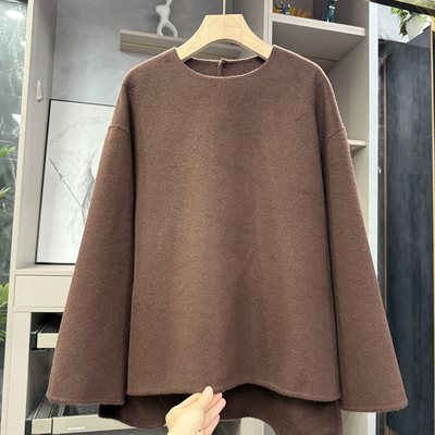 尖货宽松羊毛双面呢圆领长袖上衣