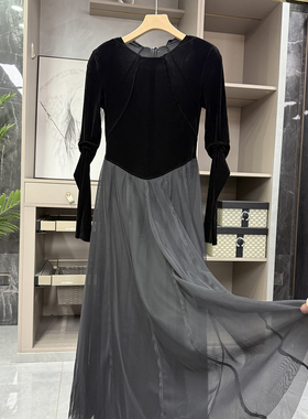 Bi囤！人群焦点！修身丝绒拼接网纱大摆连衣裙女   20250697~ZY