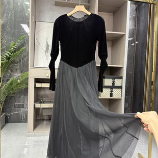 Bi囤！人群焦点！修身丝绒拼接网纱大摆连衣裙女   20250697~ZY