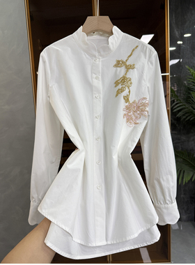 大工厂直出！波浪边立领钉珠长袖棉衬衫上衣女   S85903~JS