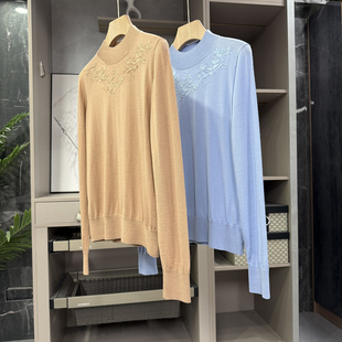 P7028 chao推荐 上衣女 针织衫 轻柔美利奴羊毛刺绣圆领长袖