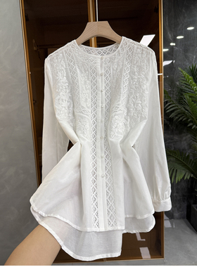 法式风！10穿9美！真丝棉刺绣花边圆领长袖衬衫上衣女 S85892~JS