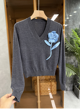 清仓不予退换！！花朵羊毛V领长袖针织衫短上衣女SY929~JS