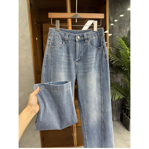 微弹中高腰柔软牛仔直筒九分裤