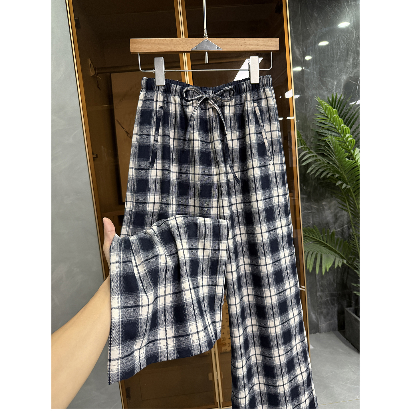 N货！复古格子松紧腰休闲阔腿裤