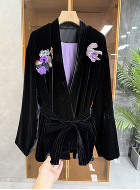 G上7K+！代厂柜款！重工钉珠刺绣真丝丝绒V领外套女     62750~ME