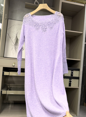 yuan单！自带高雅气质！拼接蕾丝边羊绒针织连衣裙     D2968~ZY