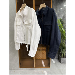 A3143 工厂外M订单 宽松亚麻翻领拉链休闲夹克短外套女