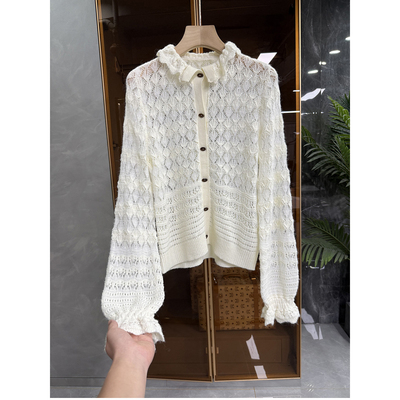 羊绒羊毛钩花镂空荷叶领针织开衫