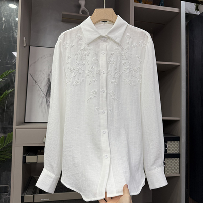 N货！宽松亚麻钉珠翻领长袖衬衫