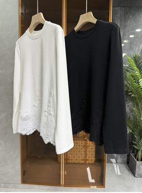 N货！时髦不费力！拼接蕾丝花边圆领长袖磨毛棉T恤女   25197~ME