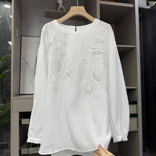 AE0538 P牌订单 上衣女 衬衫 宽松亚麻钉珠刺绣圆领长袖