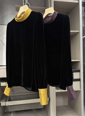 yuan单！设计师款！宽松真丝丝绒拼接立领长袖上衣女  58301~ZY