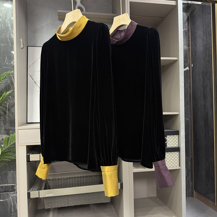 yuan单！设计师款！宽松真丝丝绒拼接立领长袖上衣女  58301~ZY
