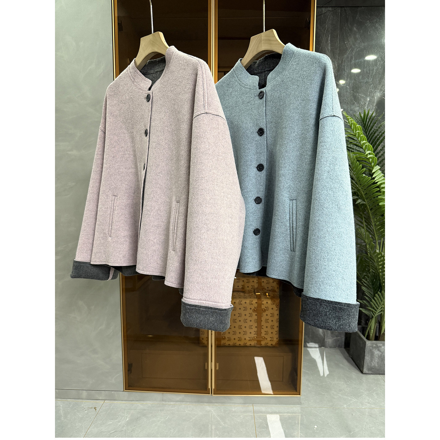 外D！宽松双色羊毛毛呢立领外套