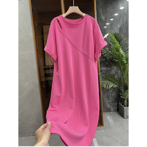 外M单！露肩圆领短袖棉T恤连衣裙