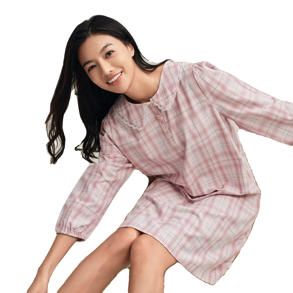 tzh天竹女连衣裙秋冬季青年竹纤维柔软亲肤格仔粉纸睡衣