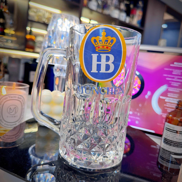 HB慕尼黑带柄扎啤杯500ml玻璃啤酒家用酒杯饮品歪标把杯图片