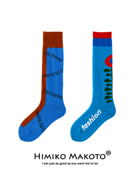 包邮ins网红纯棉小腿蓝色潮牌字母韩版高筒街头学院风及膝袜子女