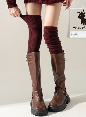 秋冬绵羊绒加绒加厚保暖粗针过膝日系韩版堆堆袜子女长筒安哥拉红