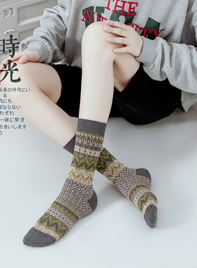 ins英伦双针双路中筒纯棉堆堆袜高灰色女袜日系复古袜子女民族风