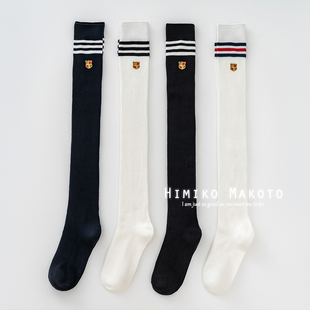 ins三杠RF盾牌刺绣纯棉过膝袜长筒袜条纹学院风高筒袜JK袜子女秋