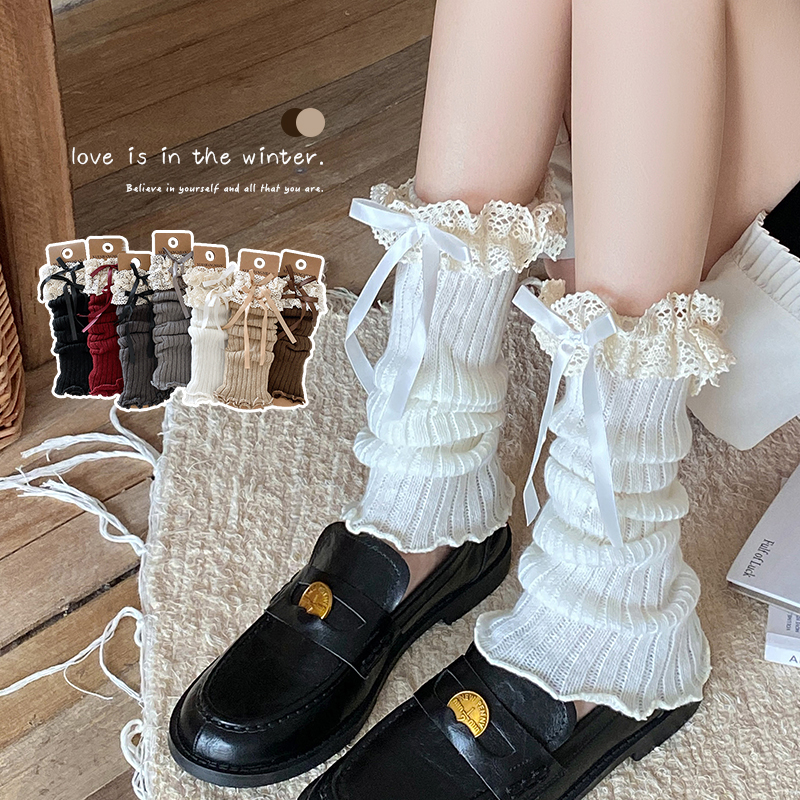 秋冬保暖蕾丝蝴蝶结羊毛袜套日系复古JK洛丽塔堆堆小腿袜子女长筒