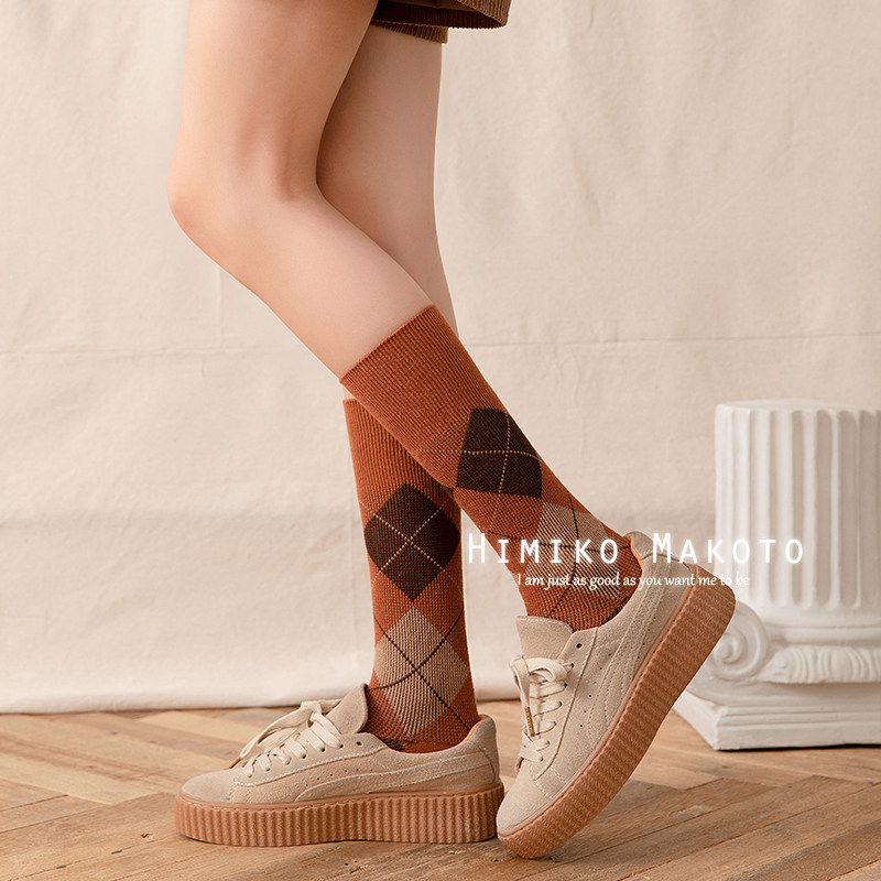 包邮ins风双针双路菱格小腿袜纯棉及膝袜高筒女袜长筒袜子女英伦,女士内衣/男士内衣/家居服,长筒袜,淘宝优惠券,粉丝福利购,淘宝优惠卷