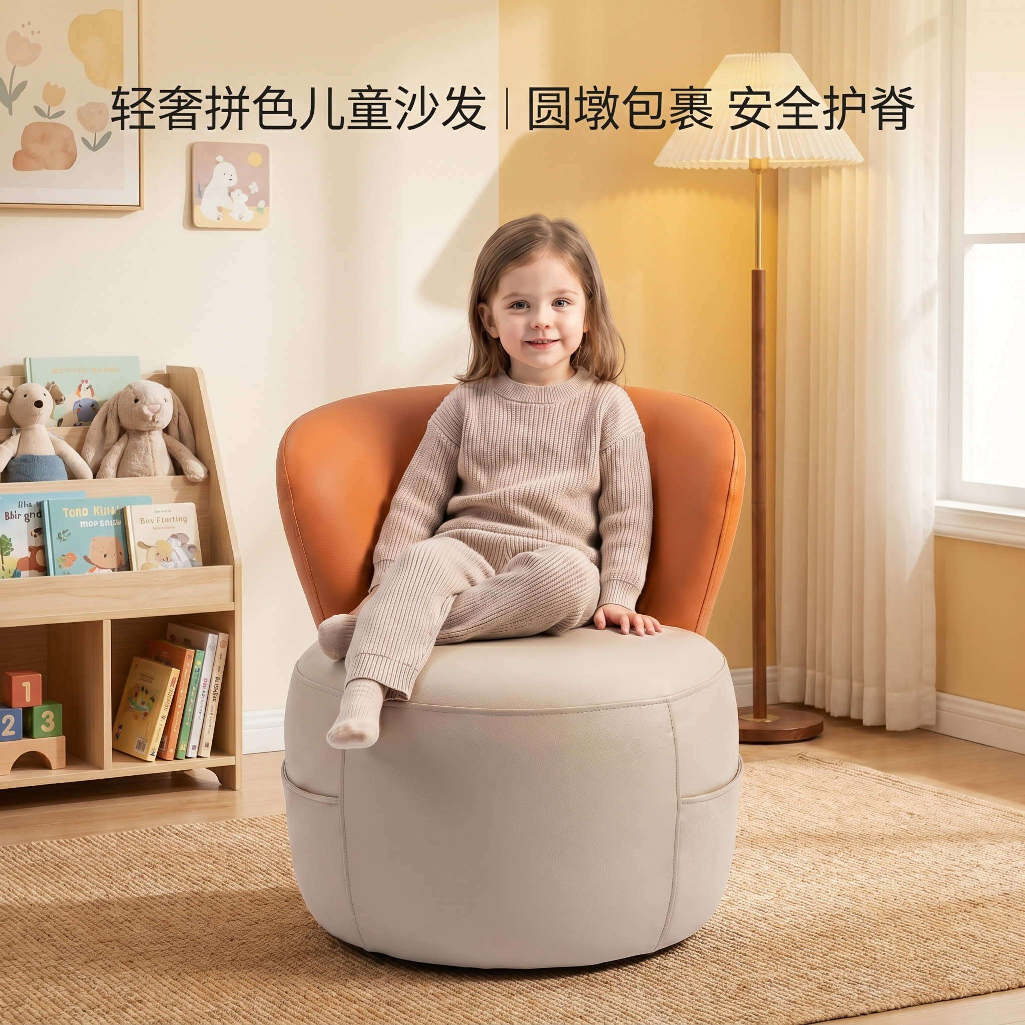 轻奢拼色儿童沙发科技皮护脊