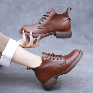 春季头层牛皮英伦真皮马丁靴女系带短靴复古低跟单鞋棕色圆头女鞋