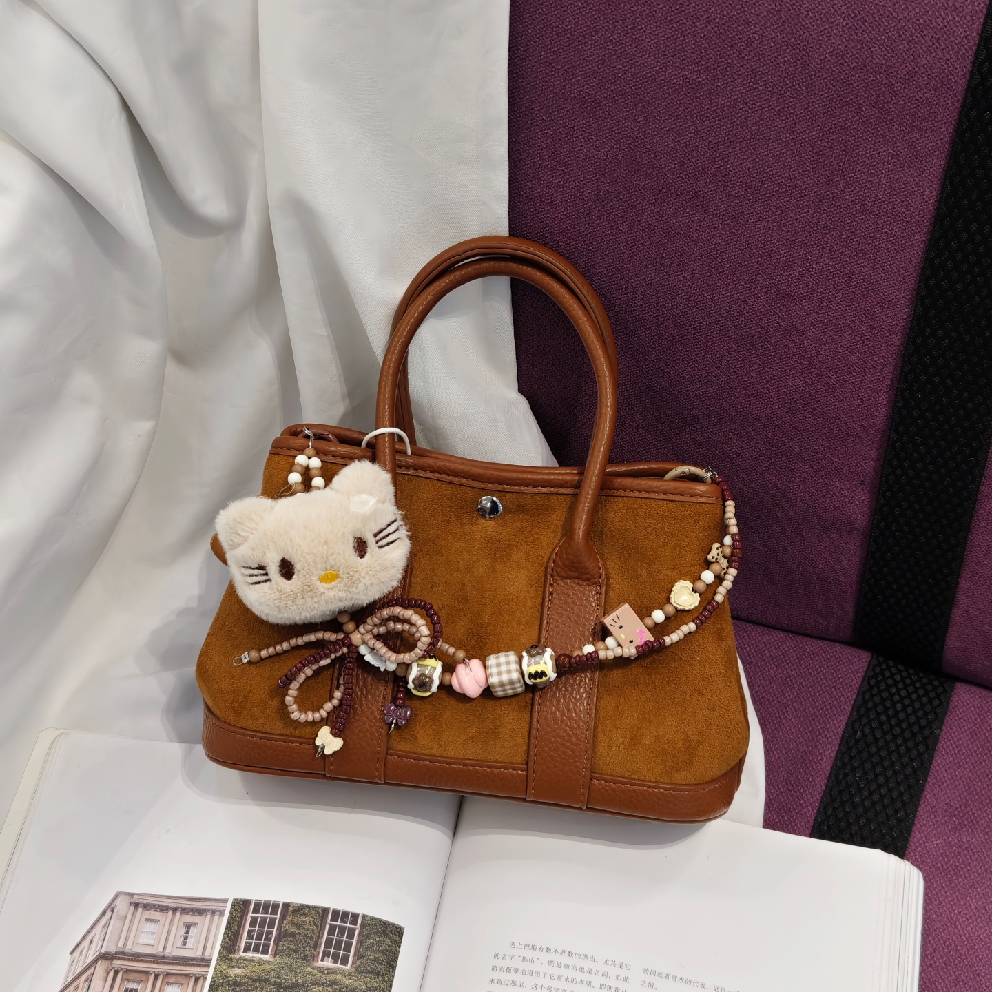 可爱少女感磨砂麂皮手提菜篮子包