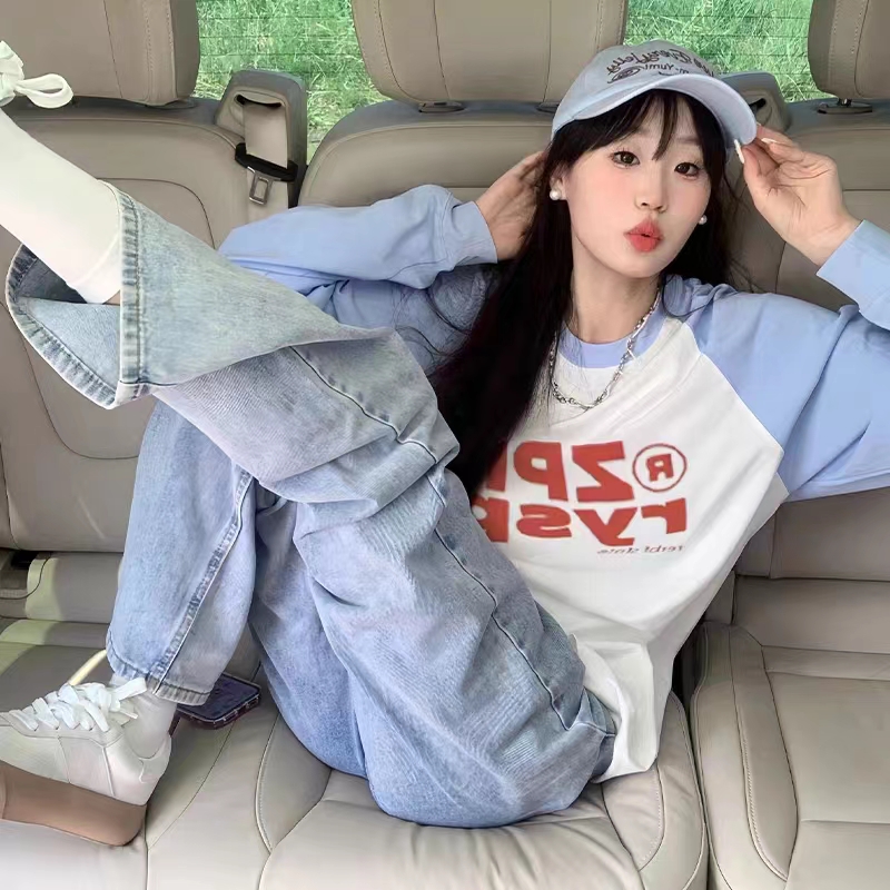 纯棉美式复古插肩撞色长袖t恤卫衣女春秋薄款打底衫宽松上衣-第3张图片-提都小院