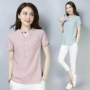 Áo sơ mi cotton và vải lanh nữ ngắn tay 2019 hè mới Áo thun cotton mới Áo thun cổ chữ V sọc dọc cỡ lớn áo sơ mi nữ - Áo sơ mi sơ mi kẻ