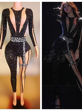 黑色小众设计感腿环水钻塑身连体衣女团热舞派对gogo主题秀表演服