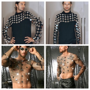 男士 背心性感V领开叉透视内搭肌肉男夜店表演上衣 闪钻渔网无袖