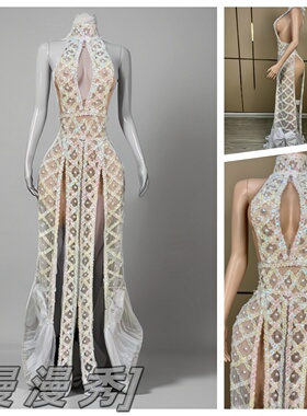 白色轻奢鱼尾珍珠亮片演出服网纱裙摆年会宴会晚礼服性感GOGO服