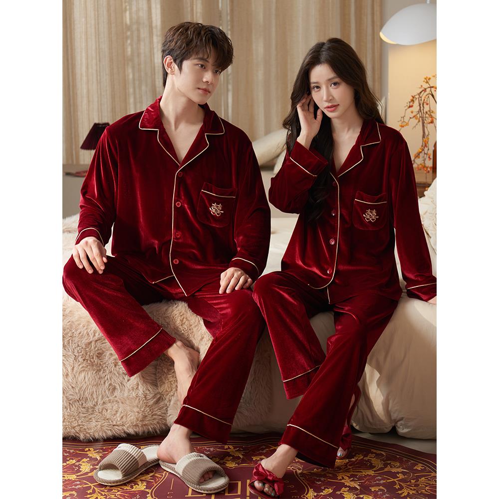 维多利亚新婚红色金丝绒情侣睡衣