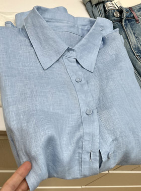 2025夏新韩系简约蓝色翻领长袖衬衫女宽松显瘦百搭亚麻老钱风上衣